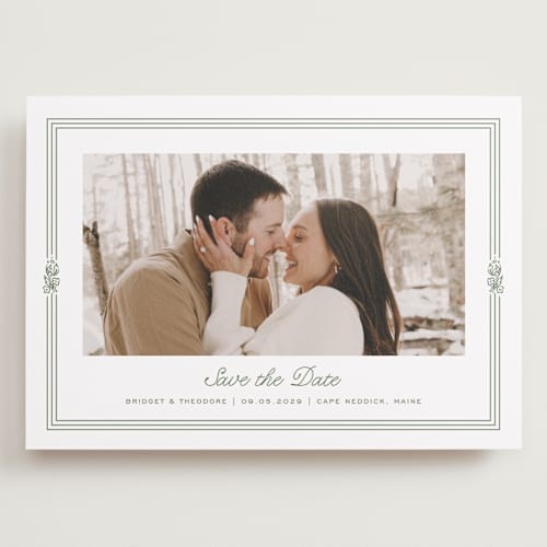 This is a leaf save the date with standard by Kate Ahn called court printing on recycled smooth signature in grand