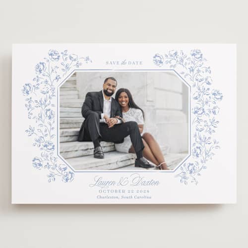 This is a sky save the date with standard by Robert and Stella called framed florals printing on recycled smooth signature in grand