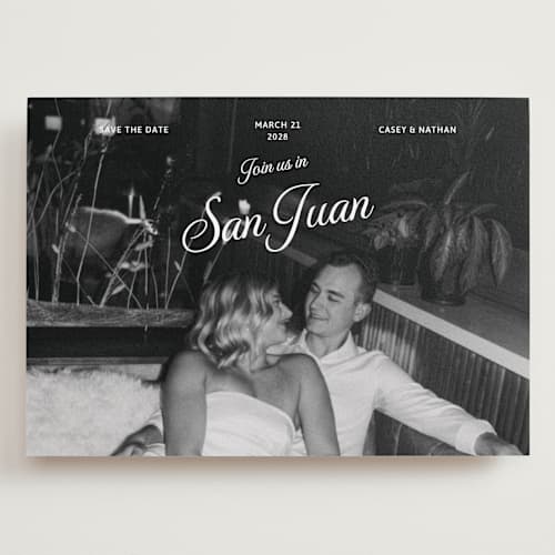 This is a snow save the date with standard by Inkblot Design called vintage trip printing on recycled smooth signature in grand