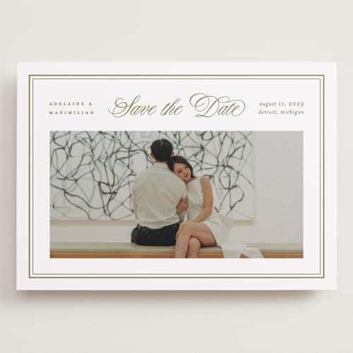 This is a olive save the date with standard by Ellen Schlegelmilch called museo printing on recycled smooth signature in grand