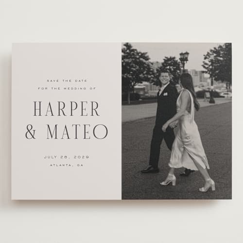 This is a sandstone save the date with standard by Nicole Walsh called close-up printing on recycled smooth signature in grand