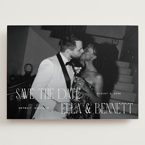 This is a snow save the date with standard by Pixel and Hank called gaze printing on recycled smooth signature in grand