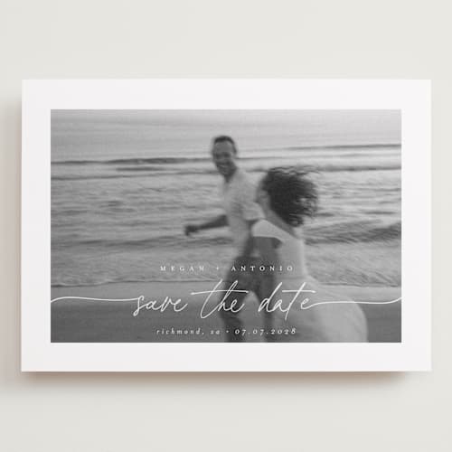 This is a ivory save the date with standard by Pippa Shaw called gaussian printing on recycled smooth signature in grand