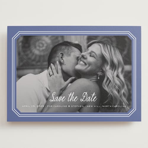 This is a blueberry save the date with standard by Carolyn MacLaren called deluxe printing on recycled smooth signature in grand