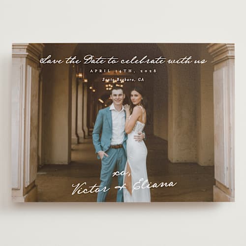 This is a ivory save the date with standard by Alethea and Ruth called celebration xo printing on recycled smooth signature in grand