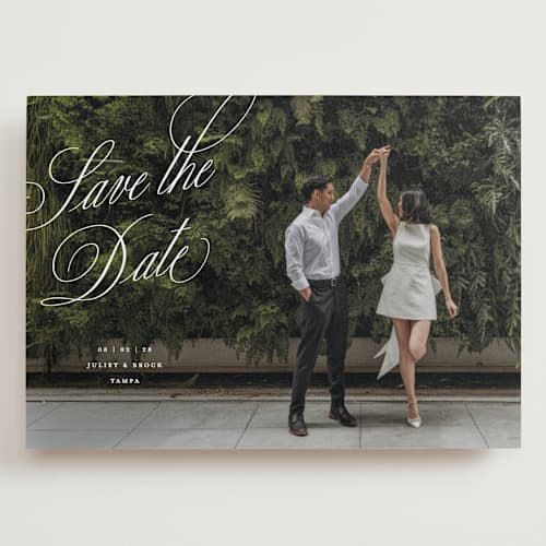 This is a pearl save the date with standard by Pixel and Hank called enamored printing on recycled smooth signature in grand