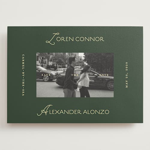 This is a citrus save the date with standard by Angela Quan called grid printing on recycled smooth signature in grand