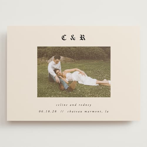 This is a ecru save the date with standard by AK Graphics called marmont printing on recycled smooth signature in grand