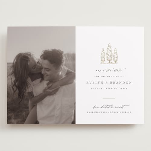 This is a champagne save the date with standard by Sarah Brown called arborvitae printing on recycled smooth signature in grand