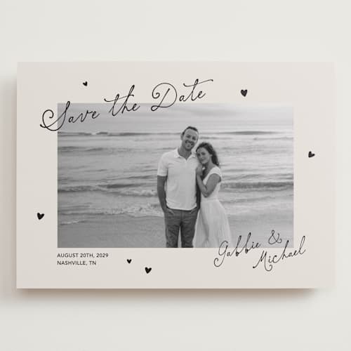 This is a vintage save the date with standard by Kelly Watkins called felicity printing on recycled smooth signature in grand