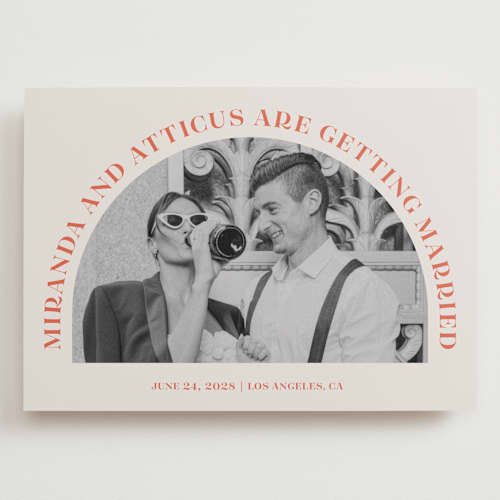 This is a persimmon save the date with standard by Sarah Cohn called surrounding printing on recycled smooth signature in grand