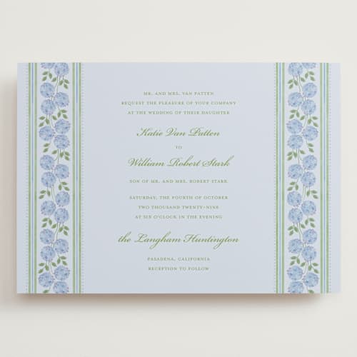 This is a coastal wedding invitations with standard by Madhvi Samimi called hydrangea vines printing on signature in grand