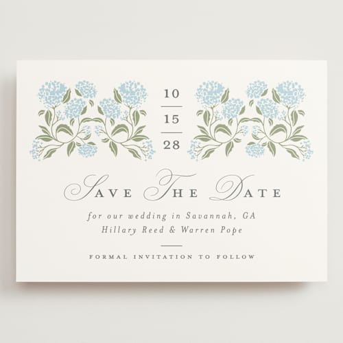 This is a nantucket save the date with standard by Susan Zinader called hydrangea hedge printing on signature in grand