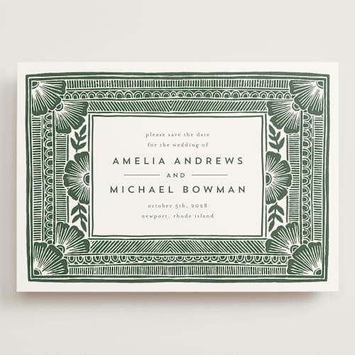 This is a fern save the date with standard by Katharine Watson called block print frame printing on signature in grand
