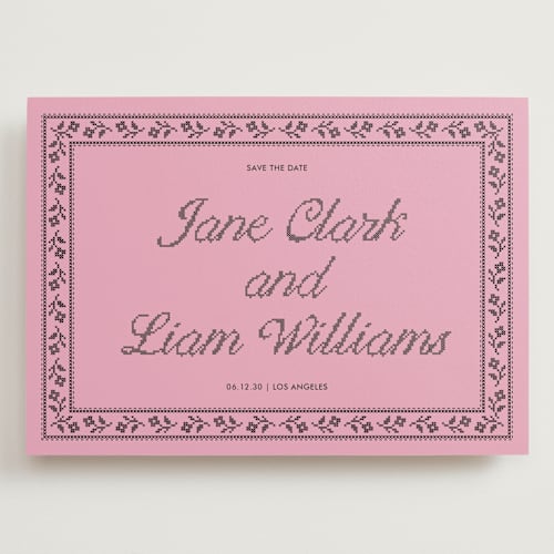 This is a bubblegum save the date with standard by Kelly Watkins called avery printing on signature in grand