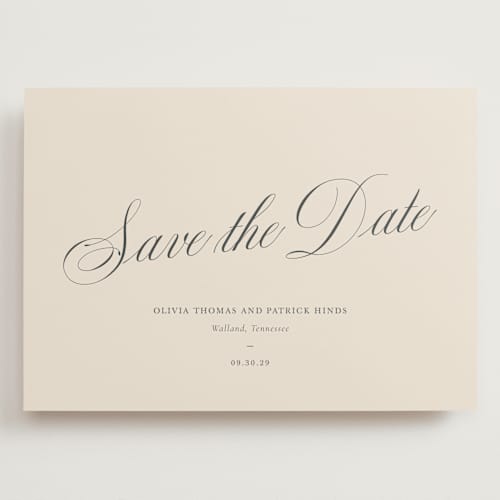This is a champagne save the date with standard by Sara Hicks Malone called belle meade printing on signature in grand