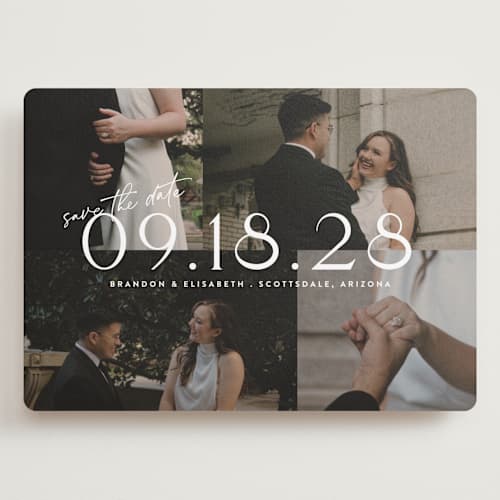 This is a opal save the date with standard by Cat Caudillo called love snaps printing on recycled smooth signature in grand