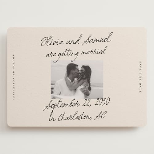 This is a linen save the date with standard by Kercia Jane called written in love printing on recycled smooth signature in grand