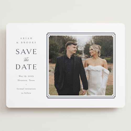 This is a french blue save the date with standard by Jennifer Postorino called ariah printing on recycled smooth signature in grand