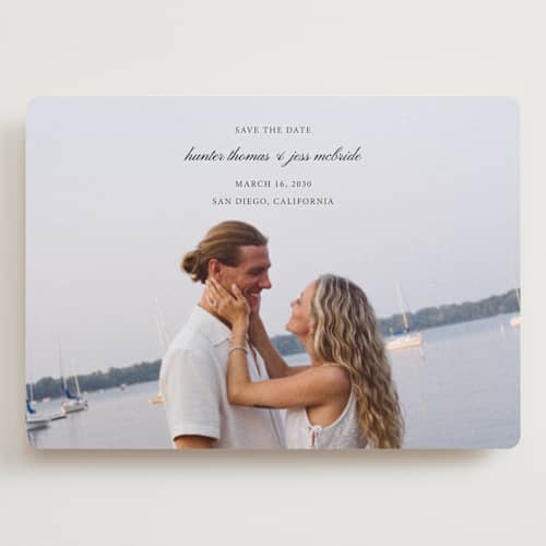 This is a tuxedo save the date with standard by Michelle Buckner called horizon printing on recycled smooth signature in grand
