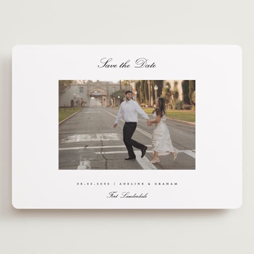 This is a snow save the date with standard by Pixel and Hank called minimal printing on recycled smooth signature in grand