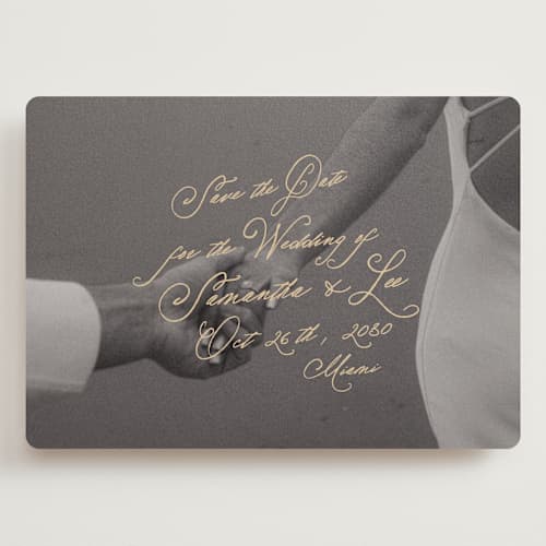 This is a wheat save the date with standard by AK Graphics called twirl printing on recycled smooth signature in grand