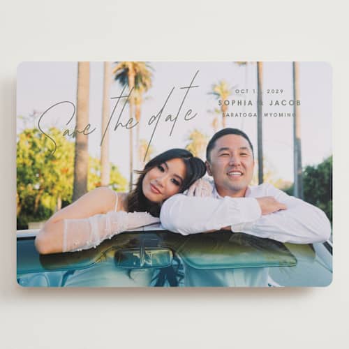 This is a olive you more save the date with standard by Design Lotus called true north printing on recycled smooth signature in grand