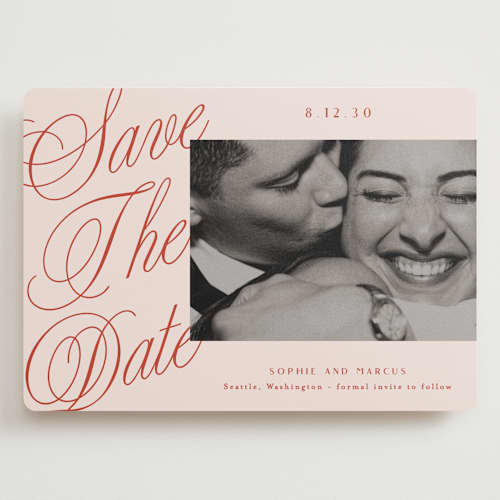 This is a cherry save the date with standard by Alethea and Ruth called script overlay printing on recycled smooth signature in grand