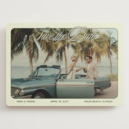 This is a palm sage save the date with standard by Ani Somi called sunset ave printing on recycled smooth signature in grand