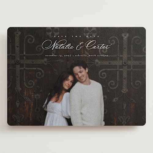This is a sugar save the date with standard by Jessica Williams called tranquil printing on recycled smooth signature in grand