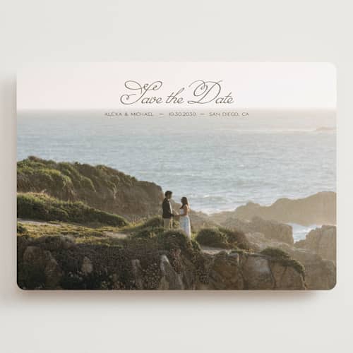 This is a moss save the date with standard by Casey Miller called quiet horizon printing on recycled smooth signature in grand