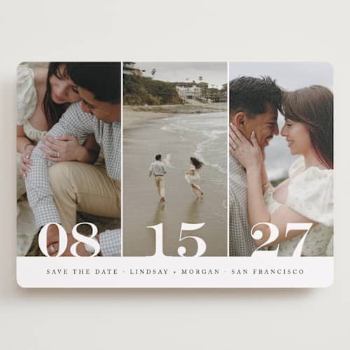 This is a noir save the date with standard by Kimberly FitzSimons called trio printing on recycled smooth signature in grand