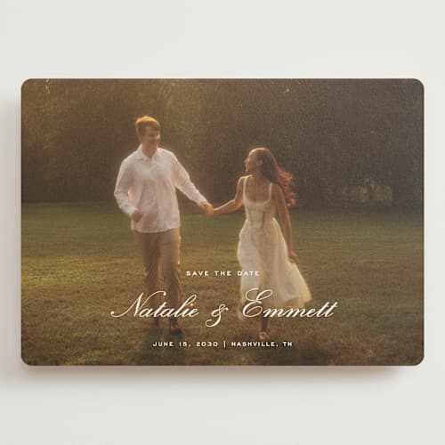 This is a ivory save the date with standard by Emily Betts called story printing on recycled smooth signature in grand