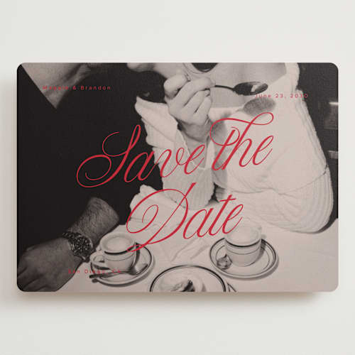 This is a crimson save the date with standard by Vera Lim called poster. printing on recycled smooth signature in grand