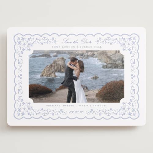 This is a something blue save the date with standard by Erin L. Wilson called tillie printing on recycled smooth signature in grand
