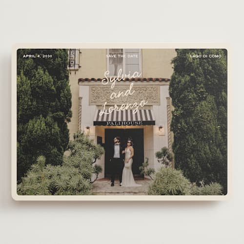 This is a cream save the date with standard by Ellen Schlegelmilch called sylvia printing on recycled smooth signature in grand