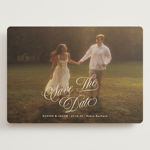 This is a ivory save the date with standard by Shirley Lin Schneider called classic romanticism printing on recycled smooth signature in grand