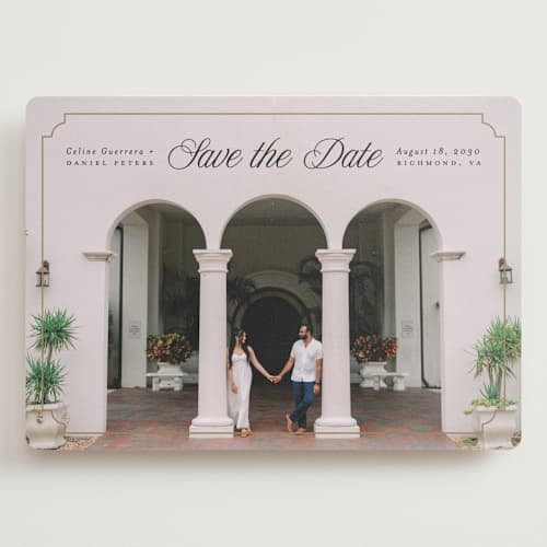 This is a golden save the date with standard by Pink House Press called notched up printing on recycled smooth signature in grand