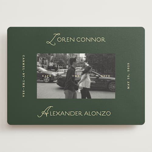 This is a citrus save the date with standard by Angela Quan called grid printing on recycled smooth signature in grand