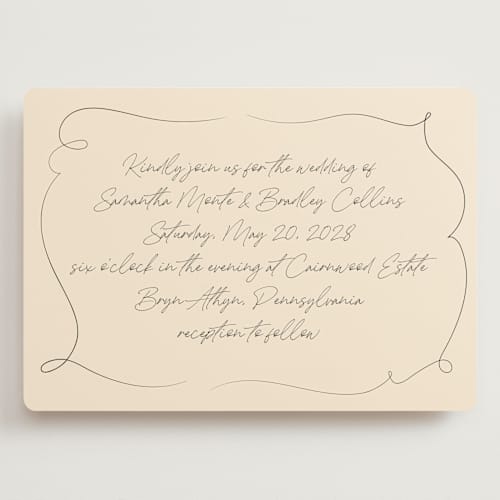 This is a champagne wedding invitations with standard by Wallace Design Co. called french whimsy script printing on signature in grand