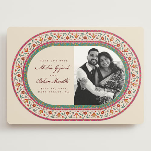 This is a ivory save the date with standard by Sherley Ferreira called mughal gardens printing on signature in grand