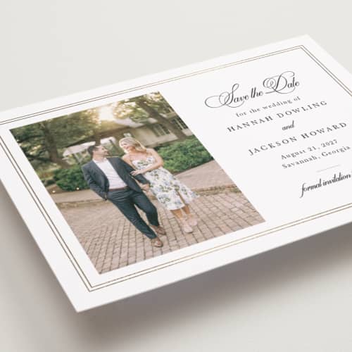 This is a snow petite save the dates with foil pressed by Sarah Brown called traditionally printing on recycled smooth signature in petite