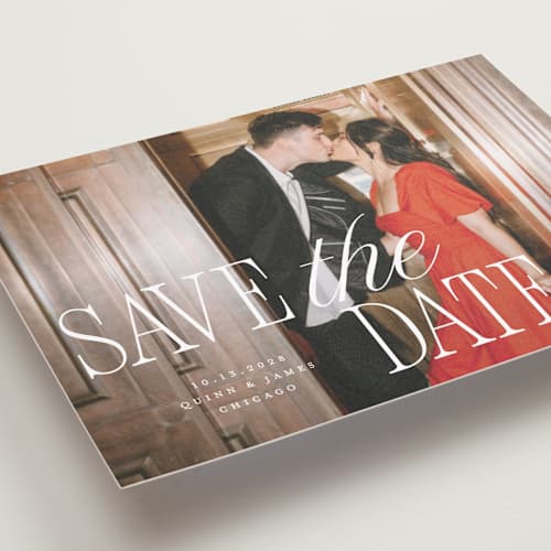 This is a snow petite save the dates with standard by Pixel and Hank called love song printing on recycled smooth signature in petite