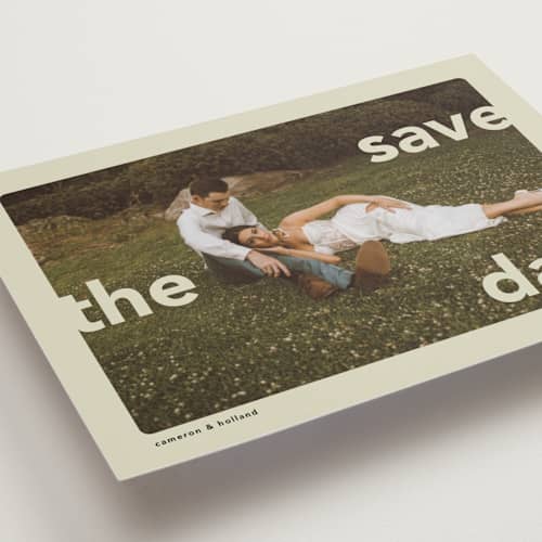 This is a mint petite save the dates with standard by Lori Wemple called save.the.date printing on recycled smooth signature in petite