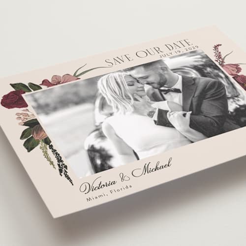 This is a merlota petite save the dates with standard by Susan Moyal called romantics printing on recycled smooth signature in petite