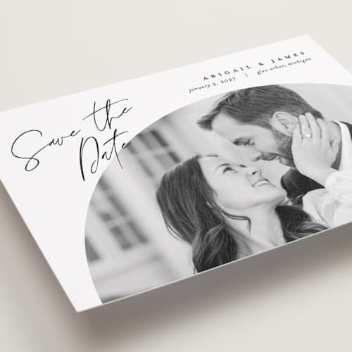 This is a snow petite save the dates with standard by Pixel and Hank called capture printing on recycled smooth signature in petite