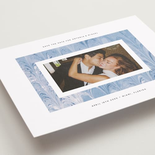 This is a sea petite save the dates with standard by Olivia Kanaley Inman called marbled printing on recycled smooth signature in petite