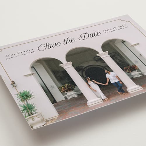 This is a golden petite save the dates with standard by Pink House Press called notched up printing on recycled smooth signature in petite