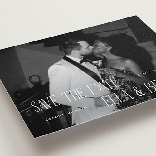 This is a snow petite save the dates with standard by Pixel and Hank called gaze printing on recycled smooth signature in petite