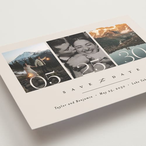 This is a ecru petite save the dates with standard by Erica Krystek called simple trio printing on recycled smooth signature in petite